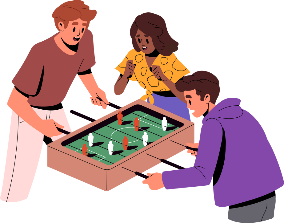 Friends playing soccer table game. People players during foosball, toy football. Characters and fun, leisure activity, entertainment. Colored flat vector illustration isolated on white background